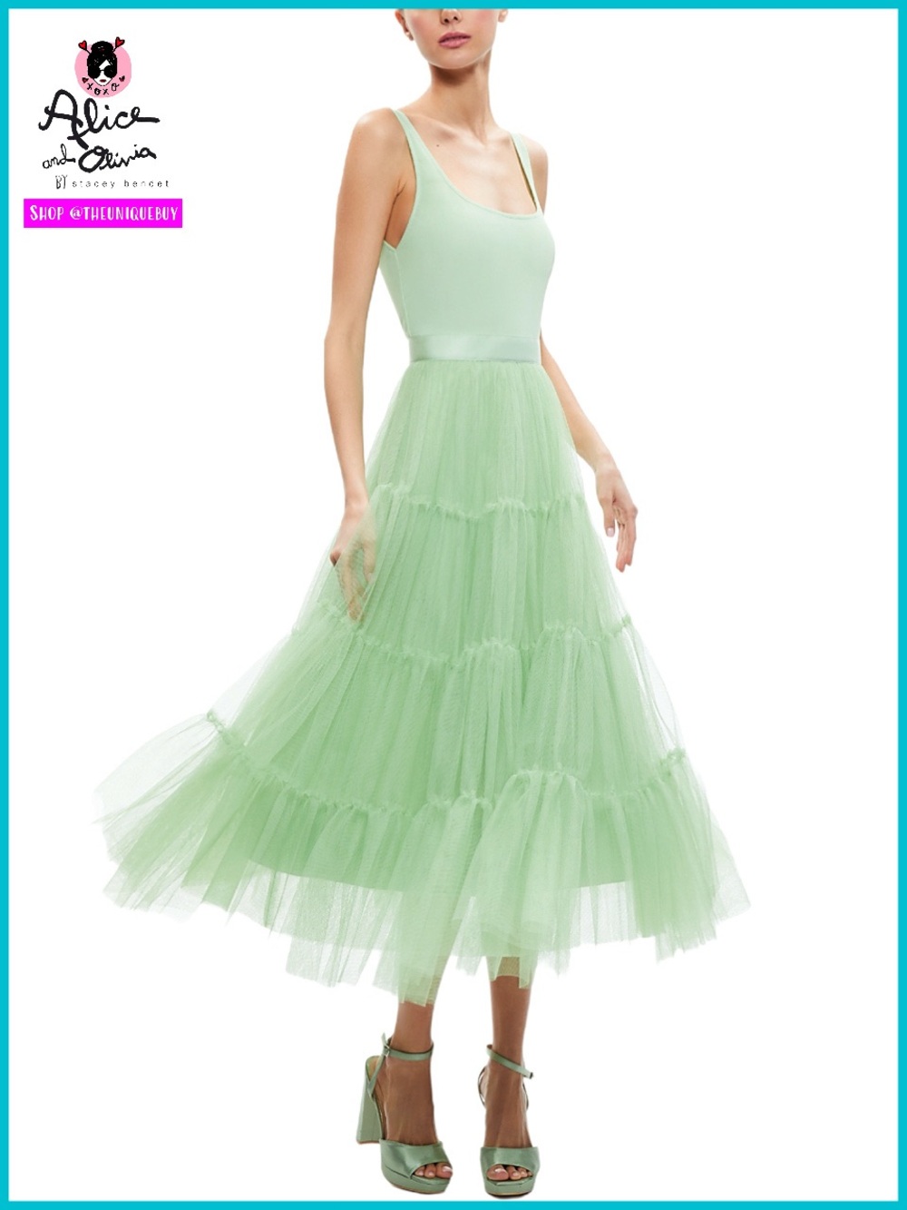 Alice + Olivia Chara Scoop Neck Green Tulle Midi Dress